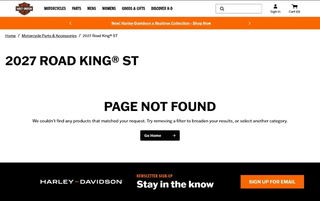 land page do site oficial da Harley Davidson mostrando que haverá um lançamento da road king 2027